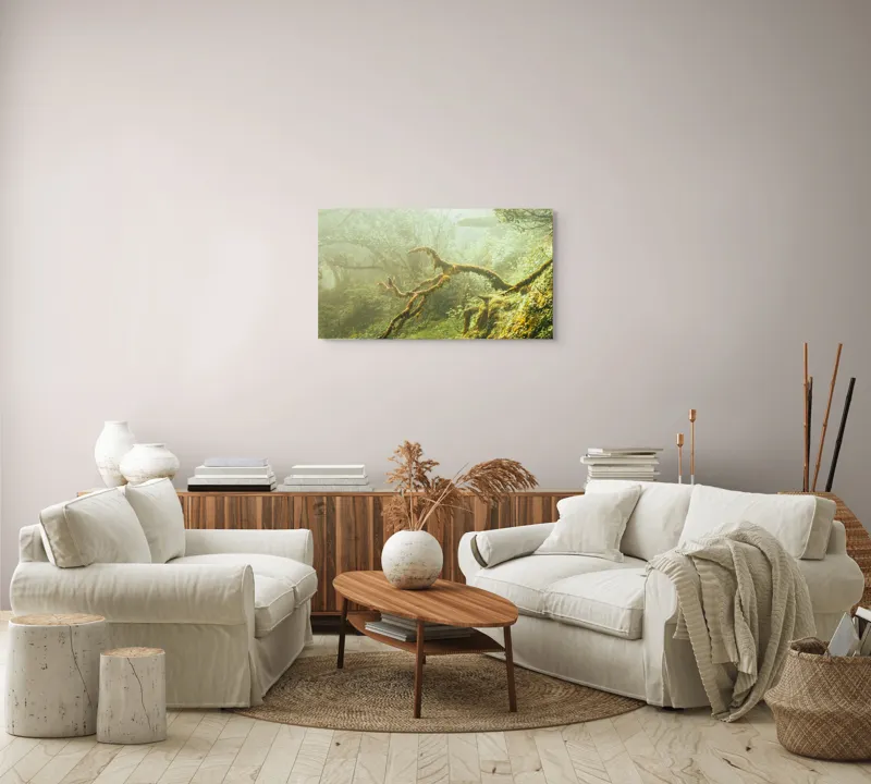 Tablou Canvas, "Tărâmul fermecat al pădurii deasă", Mister, Verdeață, Ceață, Rădăcini, Copaci, Natură, Liniște, Sălbăticie, 90 x 50 cm – poza 4