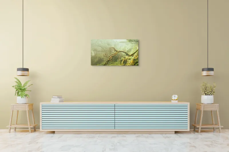 Tablou Canvas, "Tărâmul fermecat al pădurii deasă", Mister, Verdeață, Ceață, Rădăcini, Copaci, Natură, Liniște, Sălbăticie, 90 x 50 cm – poza 5