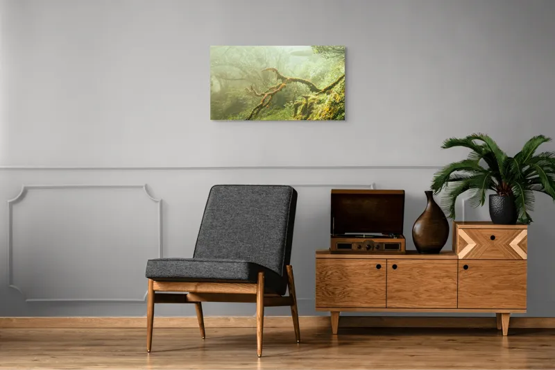 Tablou Canvas, "Tărâmul fermecat al pădurii deasă", Mister, Verdeață, Ceață, Rădăcini, Copaci, Natură, Liniște, Sălbăticie, 90 x 50 cm – poza 6