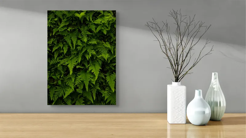 Tablou Canvas, "Frunziș luxuriant în pădure adâncă", Frunze, Verzi, Ferigi, Vegetație, Natural, Verdant, Frumusețe, Textură, Luxuriant, Înverzit, 39 x 54 cm – poza 4