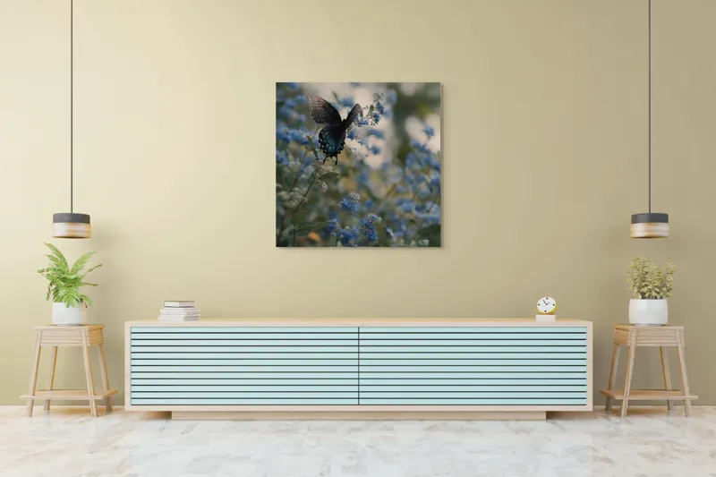 Tablou Canvas, "Fluture albastru pe flori sălbatice", Fluture, Delicat, Flori, Albastru, Natura, Frumusețe, Fragilitate, Vise, Lumină, 100 x 100 cm – poza 5