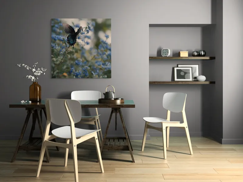 Tablou Canvas, "Fluture albastru pe flori sălbatice", Fluture, Delicat, Flori, Albastru, Natura, Frumusețe, Fragilitate, Vise, Lumină, 100 x 100 cm – poza 6