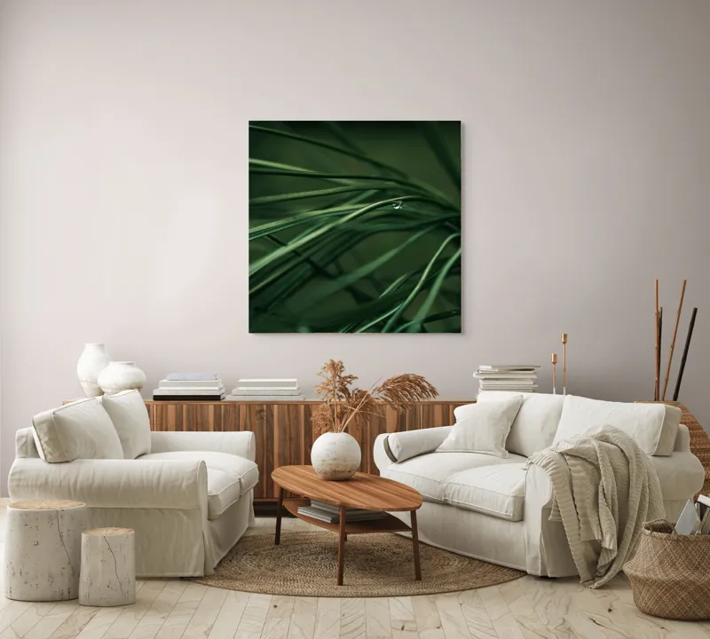 Tablou Canvas, "Roua pe firele de iarbă verde", Frunze, Verde, Picături, Natură, Delicat, Umiditate, Lumină, Frumusețe, Simplitate, Reflecție, 100 x 100 cm – poza 3