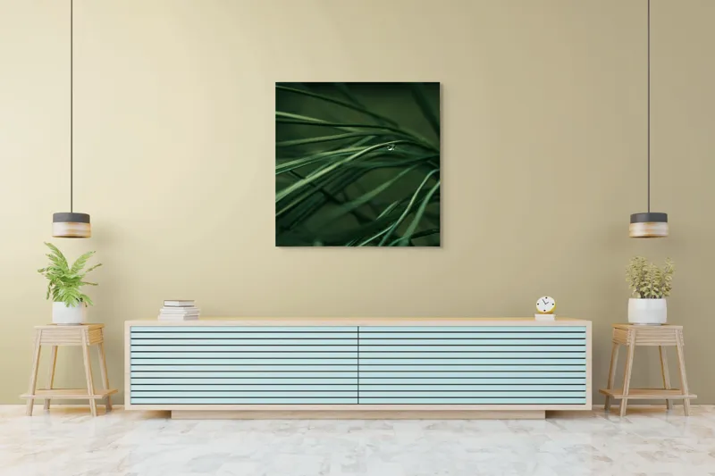 Tablou Canvas, "Roua pe firele de iarbă verde", Frunze, Verde, Picături, Natură, Delicat, Umiditate, Lumină, Frumusețe, Simplitate, Reflecție, 100 x 100 cm – poza 5