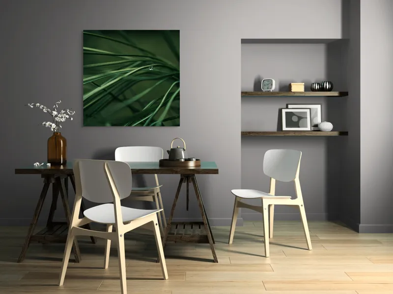 Tablou Canvas, "Roua pe firele de iarbă verde", Frunze, Verde, Picături, Natură, Delicat, Umiditate, Lumină, Frumusețe, Simplitate, Reflecție, 100 x 100 cm – poza 6