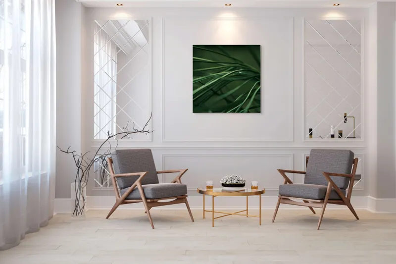 Tablou Canvas, "Roua pe firele de iarbă verde", Frunze, Verde, Picături, Natură, Delicat, Umiditate, Lumină, Frumusețe, Simplitate, Reflecție, 100 x 100 cm – poza 7