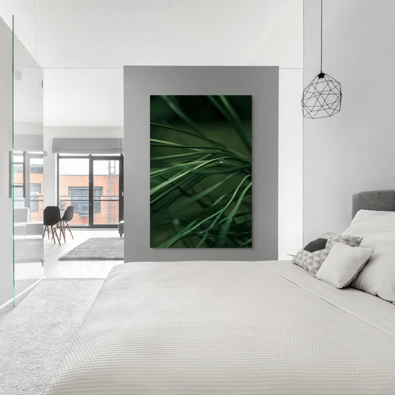 Tablou Canvas, "Roua pe firele de iarbă verde", Frunze, Verde, Picături, Natură, Delicat, Umiditate, Lumină, Frumusețe, Simplitate, Reflecție, 100 x 150 cm – poza 5