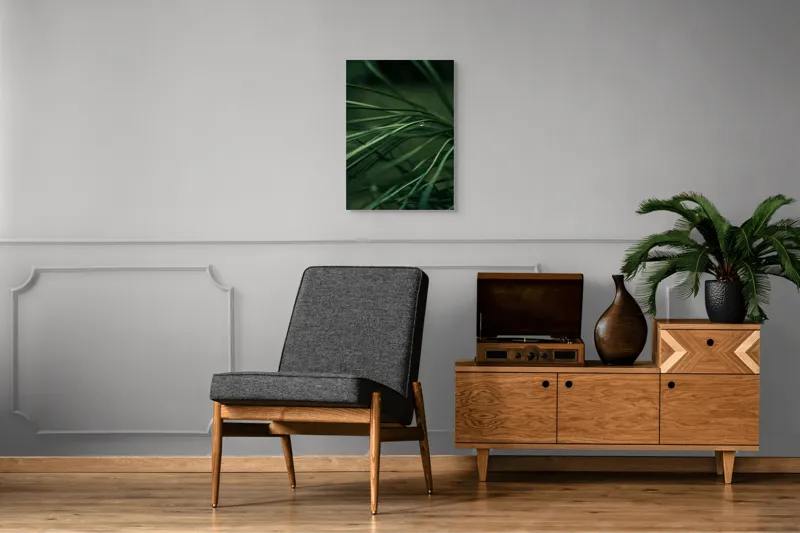 Tablou Canvas, "Roua pe firele de iarbă verde", Frunze, Verde, Picături, Natură, Delicat, Umiditate, Lumină, Frumusețe, Simplitate, Reflecție, 50 x 70 cm – poza 8