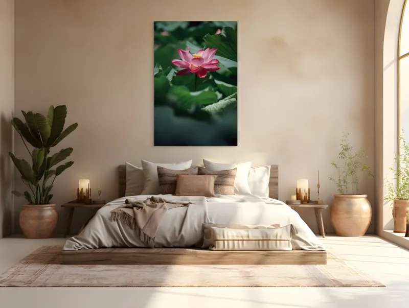 Tablou Canvas, "Frumusețea solitară a lotusului roz", Floare, Lotus, Roz, Frunze, Verde, Natură, Frumusețe, 100 x 150 cm – poza 3