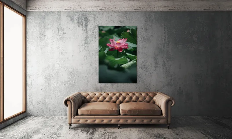 Tablou Canvas, "Frumusețea solitară a lotusului roz", Floare, Lotus, Roz, Frunze, Verde, Natură, Frumusețe, 100 x 150 cm – poza 6