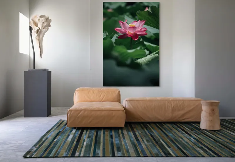 Tablou Canvas, "Frumusețea solitară a lotusului roz", Floare, Lotus, Roz, Frunze, Verde, Natură, Frumusețe, 100 x 150 cm – poza 7