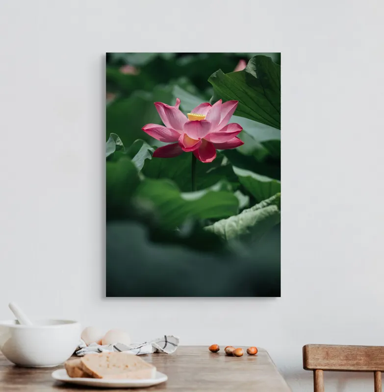 Tablou Canvas, "Frumusețea solitară a lotusului roz", Floare, Lotus, Roz, Frunze, Verde, Natură, Frumusețe, 50 x 70 cm – poza 3