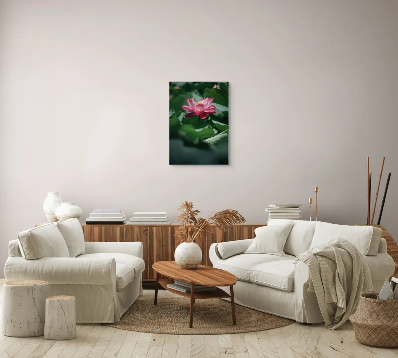 Tablou Canvas, "Frumusețea solitară a lotusului roz", Floare, Lotus, Roz, Frunze, Verde, Natură, Frumusețe, 50 x 70 cm – poza 4
