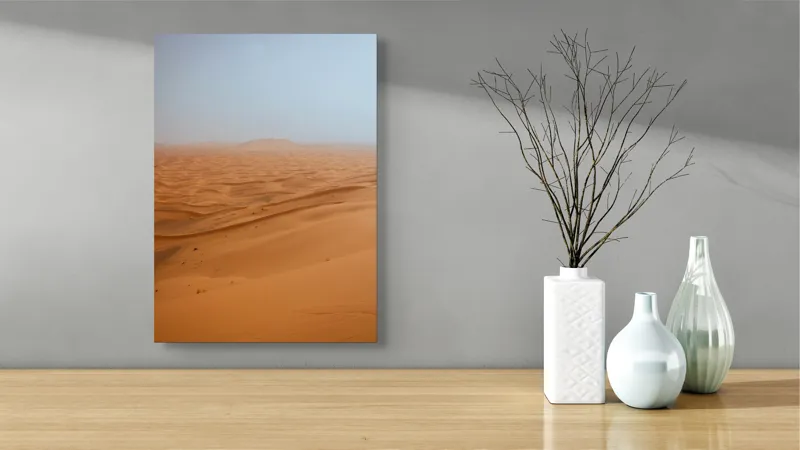 Tablou Canvas, "Infinitatea liniștită a nisipurilor aurii", Deșert, Nisipuri, Dune, Orizont, Ariditate, Liniște, Întindere, Vastitate, Seninătate, Solitudine, 39 x 54 cm – poza 4