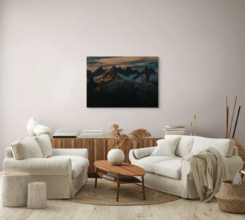 Tablou Canvas, "Vârfuri de munte în apus aramiu", Imposing, Majestic, Rugged, Snowy, Illuminated, 100 x 70 cm – poza 3