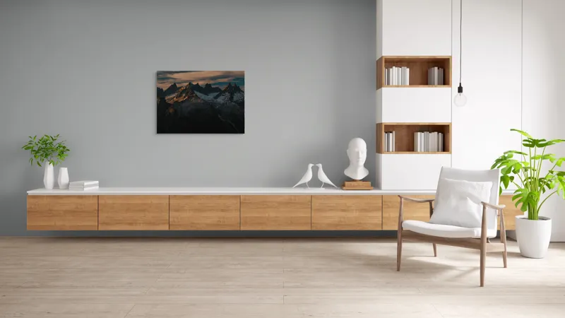 Tablou Canvas, "Vârfuri de munte în apus aramiu", Imposing, Majestic, Rugged, Snowy, Illuminated, 100 x 70 cm – poza 6