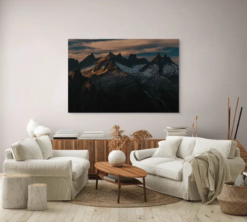Tablou Canvas, "Vârfuri de munte în apus aramiu", Imposing, Majestic, Rugged, Snowy, Illuminated, 150 x 100 cm – poza 3