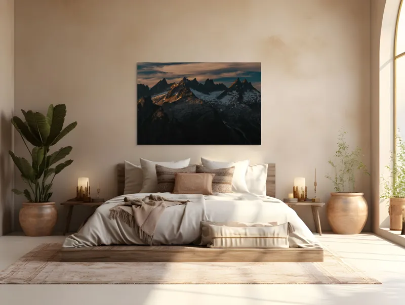 Tablou Canvas, "Vârfuri de munte în apus aramiu", Imposing, Majestic, Rugged, Snowy, Illuminated, 150 x 100 cm – poza 4