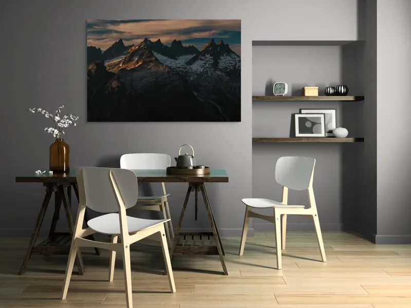 Tablou Canvas, "Vârfuri de munte în apus aramiu", Imposing, Majestic, Rugged, Snowy, Illuminated, 150 x 100 cm – poza 5