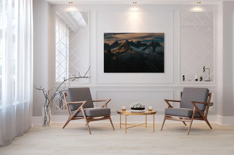 Tablou Canvas, "Vârfuri de munte în apus aramiu", Imposing, Majestic, Rugged, Snowy, Illuminated, 150 x 100 cm – poza 7