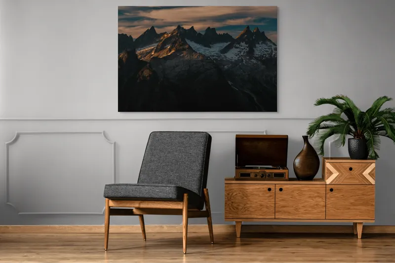 Tablou Canvas, "Vârfuri de munte în apus aramiu", Imposing, Majestic, Rugged, Snowy, Illuminated, 150 x 100 cm – poza 8