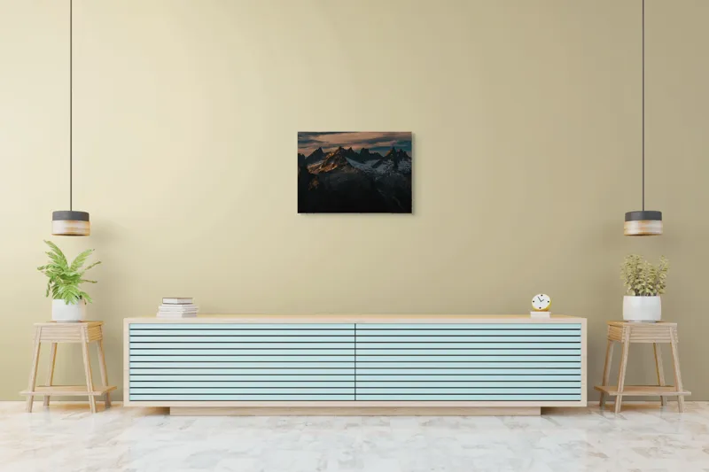 Tablou Canvas, "Vârfuri de munte în apus aramiu", Imposing, Majestic, Rugged, Snowy, Illuminated, 70 x 50 cm – poza 7