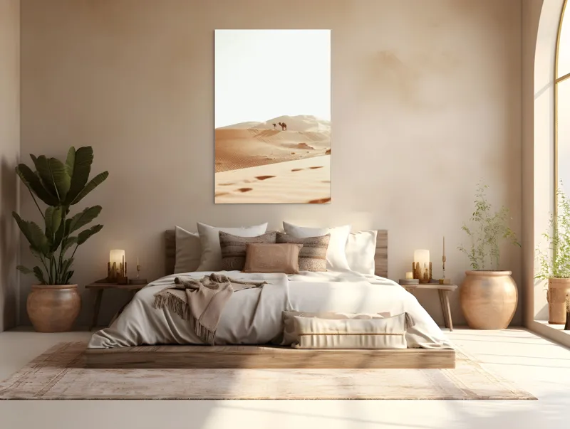 Tablou Canvas, "Drumeție în deșertul nesfârșit cu cămilă", Deșert, Dune, Cămilă, Singurătate, Liniște, Soare, Nisip, Umbre, 100 x 150 cm – poza 3