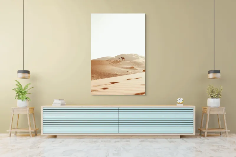 Tablou Canvas, "Drumeție în deșertul nesfârșit cu cămilă", Deșert, Dune, Cămilă, Singurătate, Liniște, Soare, Nisip, Umbre, 100 x 150 cm – poza 4