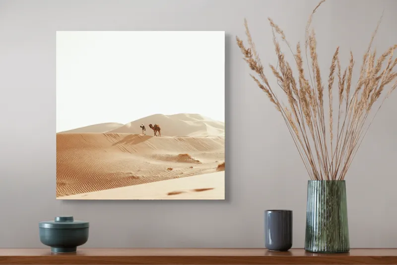 Tablou Canvas, "Drumeție în deșertul nesfârșit cu cămilă", Deșert, Dune, Cămilă, Singurătate, Liniște, Soare, Nisip, Umbre, 50 x 50 cm – poza 4