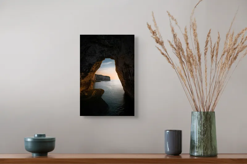 Tablou Canvas, "Arcul de Piatră al Apusului Calm", Pereți, Stâncos, Apus, Apă, Peisaj, Arcadă, Mare, Cer, Relief., 26 x 39 cm – poza 5