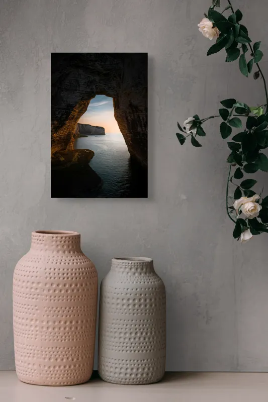 Tablou Canvas, "Arcul de Piatră al Apusului Calm", Pereți, Stâncos, Apus, Apă, Peisaj, Arcadă, Mare, Cer, Relief., 26 x 39 cm – poza 6