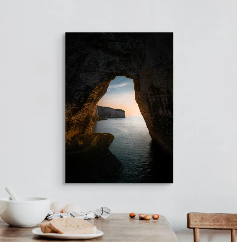 Tablou Canvas, "Arcul de Piatră al Apusului Calm", Pereți, Stâncos, Apus, Apă, Peisaj, Arcadă, Mare, Cer, Relief., 50 x 70 cm – poza 3
