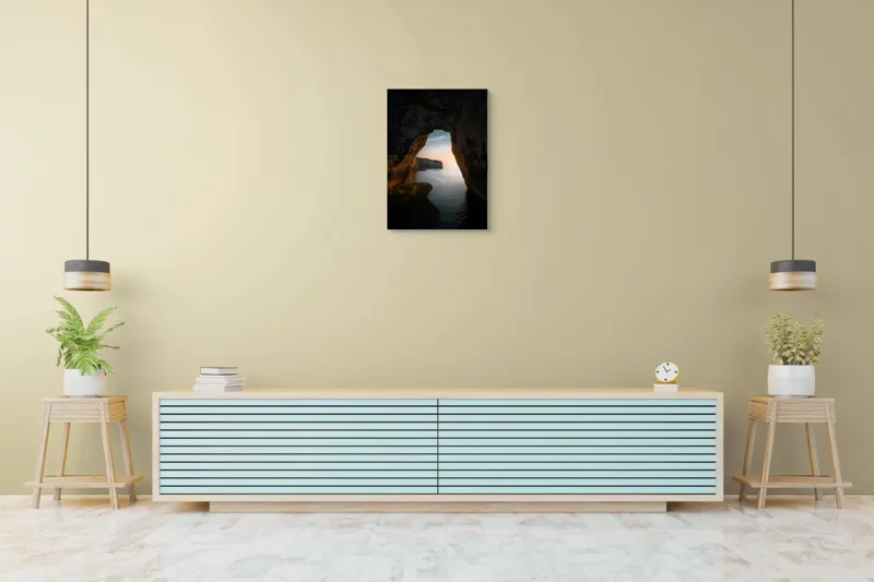 Tablou Canvas, "Arcul de Piatră al Apusului Calm", Pereți, Stâncos, Apus, Apă, Peisaj, Arcadă, Mare, Cer, Relief., 50 x 70 cm – poza 6