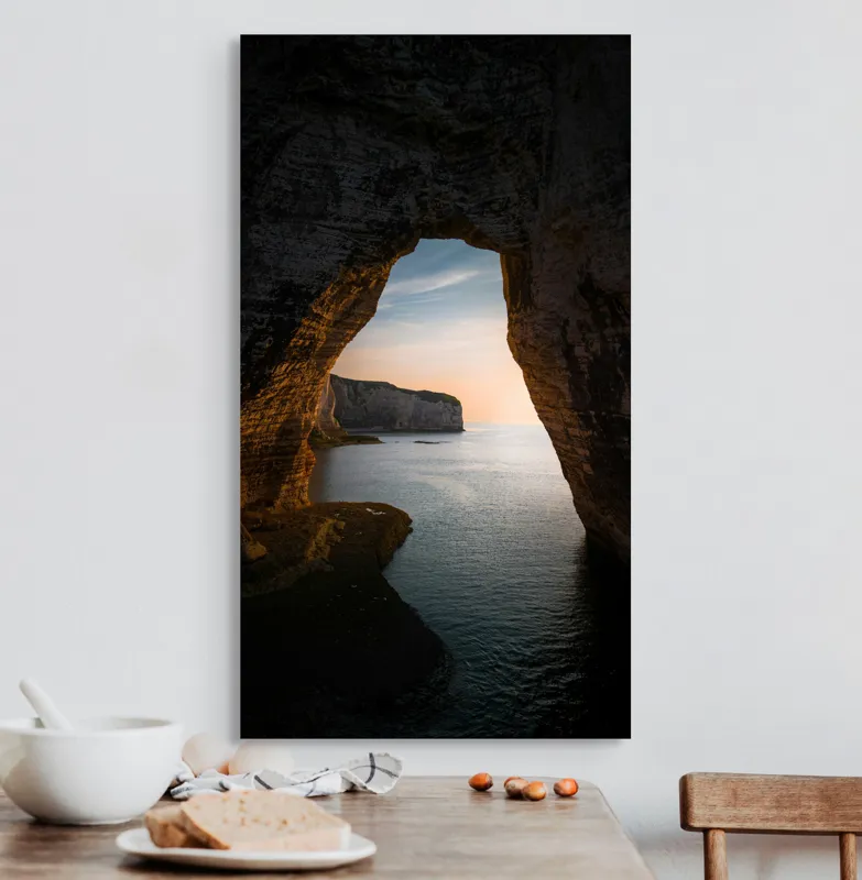 Tablou Canvas, "Arcul de Piatră al Apusului Calm", Pereți, Stâncos, Apus, Apă, Peisaj, Arcadă, Mare, Cer, Relief., 50 x 90 cm – poza 3