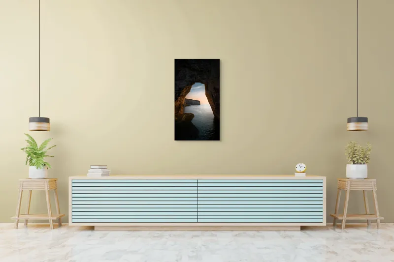 Tablou Canvas, "Arcul de Piatră al Apusului Calm", Pereți, Stâncos, Apus, Apă, Peisaj, Arcadă, Mare, Cer, Relief., 50 x 90 cm – poza 6