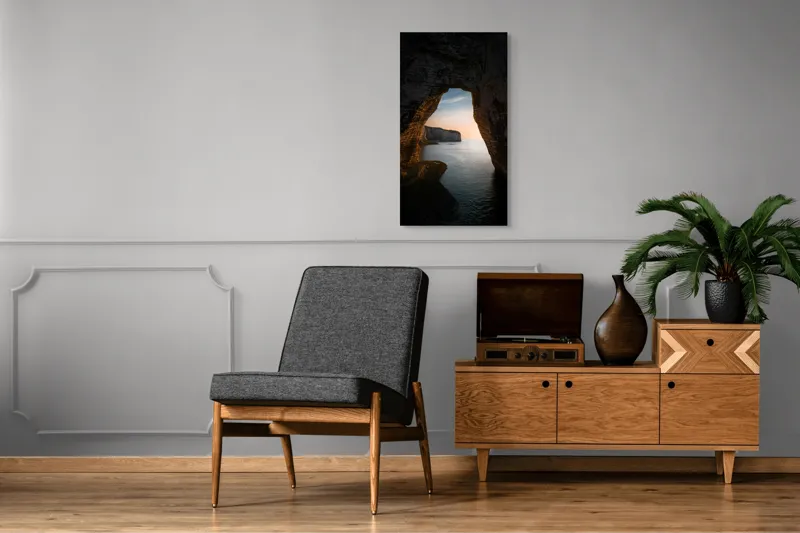 Tablou Canvas, "Arcul de Piatră al Apusului Calm", Pereți, Stâncos, Apus, Apă, Peisaj, Arcadă, Mare, Cer, Relief., 50 x 90 cm – poza 8
