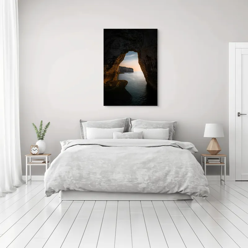 Tablou Canvas, "Arcul de Piatră al Apusului Calm", Pereți, Stâncos, Apus, Apă, Peisaj, Arcadă, Mare, Cer, Relief., 70 x 100 cm – poza 3
