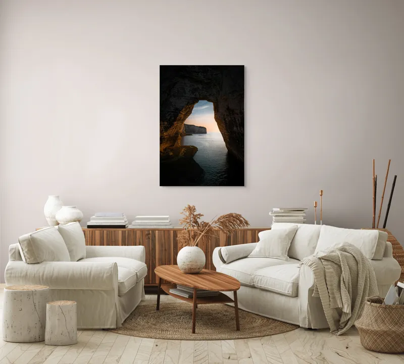 Tablou Canvas, "Arcul de Piatră al Apusului Calm", Pereți, Stâncos, Apus, Apă, Peisaj, Arcadă, Mare, Cer, Relief., 70 x 100 cm – poza 4