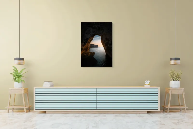 Tablou Canvas, "Arcul de Piatră al Apusului Calm", Pereți, Stâncos, Apus, Apă, Peisaj, Arcadă, Mare, Cer, Relief., 70 x 100 cm – poza 5