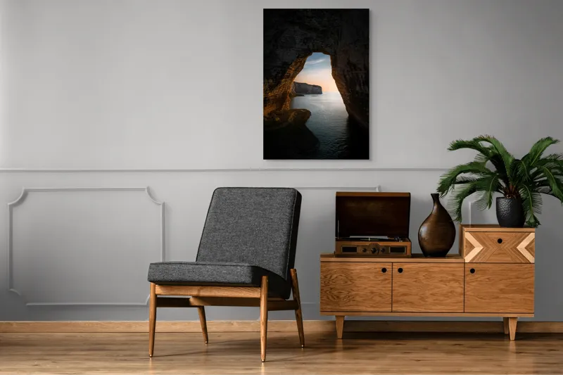 Tablou Canvas, "Arcul de Piatră al Apusului Calm", Pereți, Stâncos, Apus, Apă, Peisaj, Arcadă, Mare, Cer, Relief., 70 x 100 cm – poza 6