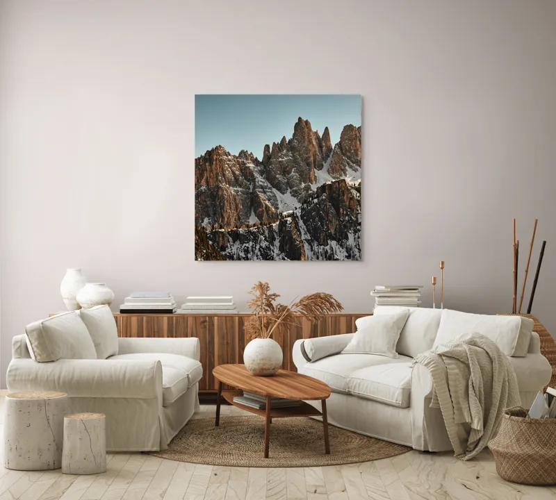 Tablou Canvas, "Zorii calmului înalțimilor stâncoase", Munți, Vârfuri, Stânci, Zăpadă, Cer, Natură, Peisaj, Impresionant, Rugos, Grandios, 100 x 100 cm – poza 3
