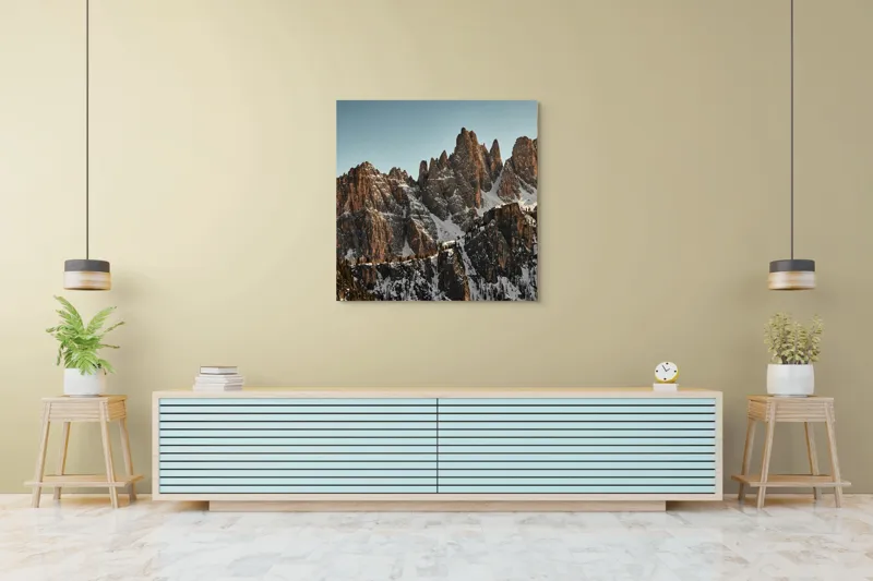 Tablou Canvas, "Zorii calmului înalțimilor stâncoase", Munți, Vârfuri, Stânci, Zăpadă, Cer, Natură, Peisaj, Impresionant, Rugos, Grandios, 100 x 100 cm – poza 5