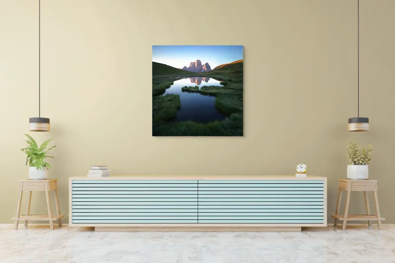 Tablou Canvas, "Reflecții ale crestelor în apă lină", Renastere, Reflexie, Liniste, Grandeur, Splendoare, Natura, Verdeata, Uimire, Serenitate, Maretie, 100 x 100 cm – poza 5