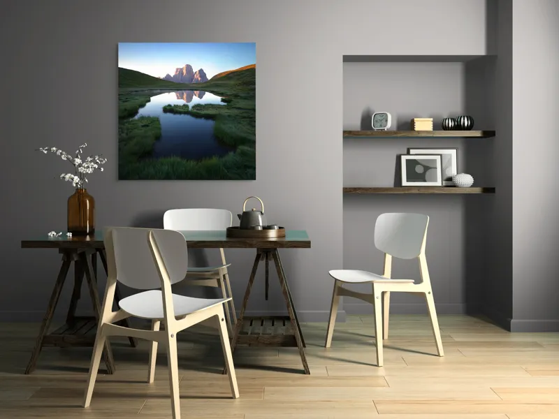Tablou Canvas, "Reflecții ale crestelor în apă lină", Renastere, Reflexie, Liniste, Grandeur, Splendoare, Natura, Verdeata, Uimire, Serenitate, Maretie, 100 x 100 cm – poza 6