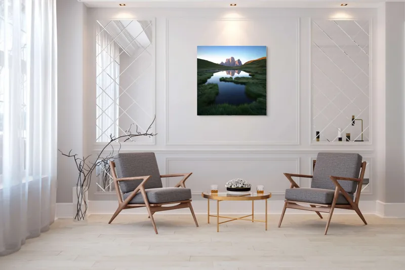 Tablou Canvas, "Reflecții ale crestelor în apă lină", Renastere, Reflexie, Liniste, Grandeur, Splendoare, Natura, Verdeata, Uimire, Serenitate, Maretie, 100 x 100 cm – poza 7