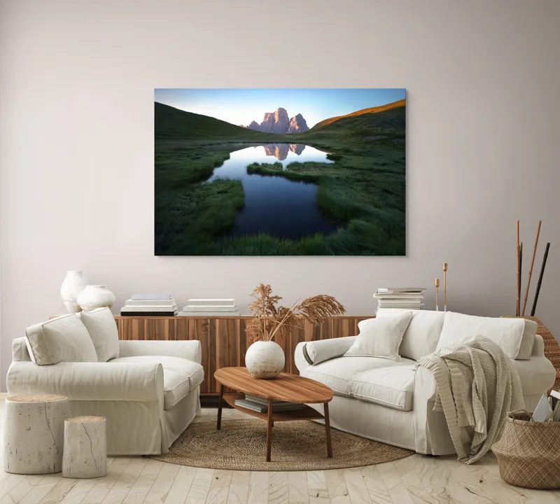 Tablou Canvas, "Reflecții ale crestelor în apă lină", Renastere, Reflexie, Liniste, Grandeur, Splendoare, Natura, Verdeata, Uimire, Serenitate, Maretie, 150 x 100 cm – poza 3