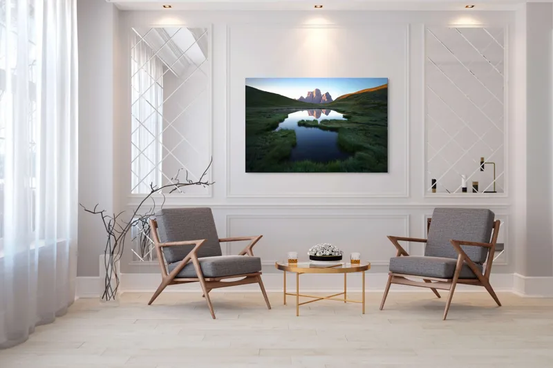 Tablou Canvas, "Reflecții ale crestelor în apă lină", Renastere, Reflexie, Liniste, Grandeur, Splendoare, Natura, Verdeata, Uimire, Serenitate, Maretie, 150 x 100 cm – poza 7