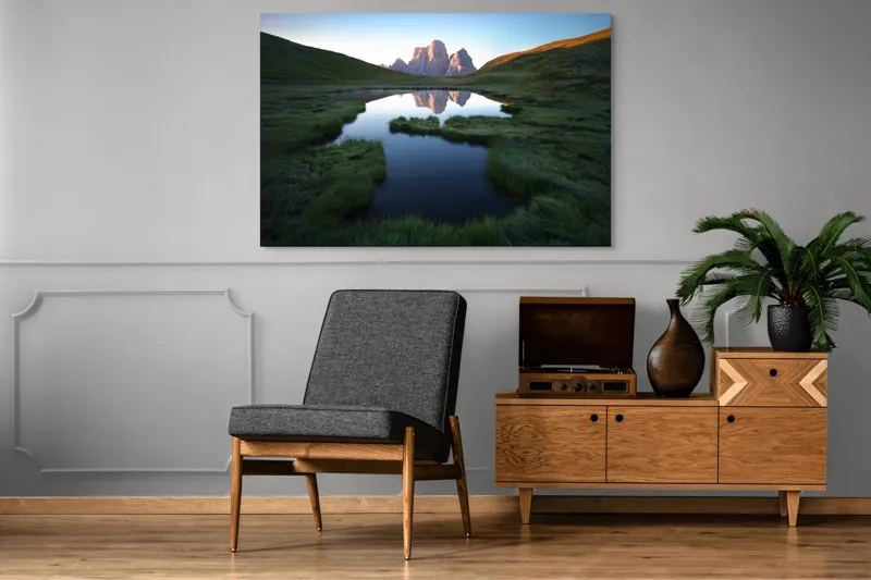 Tablou Canvas, "Reflecții ale crestelor în apă lină", Renastere, Reflexie, Liniste, Grandeur, Splendoare, Natura, Verdeata, Uimire, Serenitate, Maretie, 150 x 100 cm – poza 8