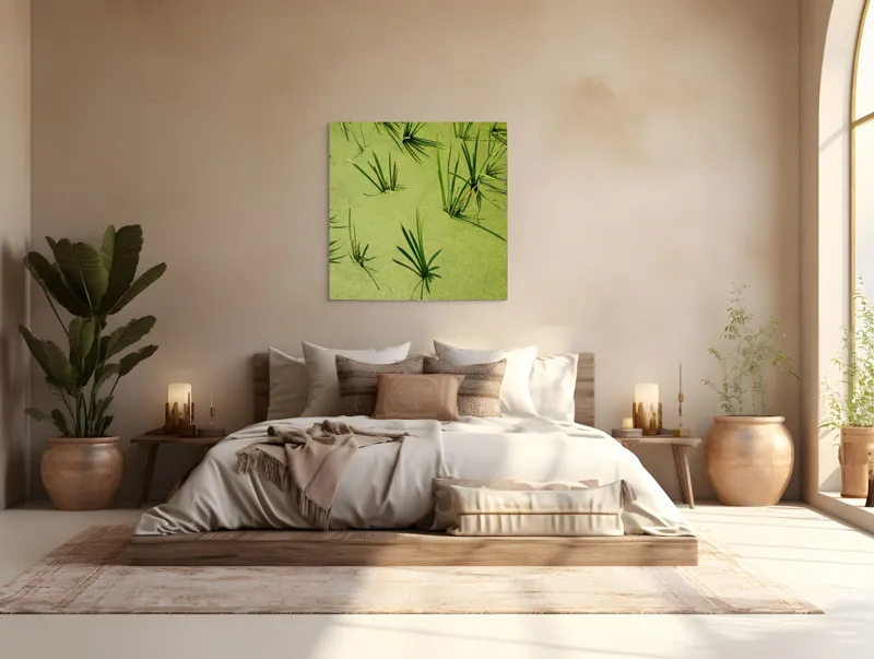 Tablou Canvas, "Frunziș plutitor pe apă liniștită", Iarbă, Apă, Verde, Lumină, Umbră, Natură, Reflecție, Simplitate, Răcoare, Calmitate, 100 x 100 cm – poza 4
