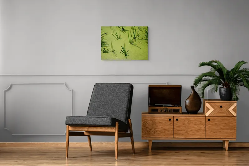 Tablou Canvas, "Frunziș plutitor pe apă liniștită", Iarbă, Apă, Verde, Lumină, Umbră, Natură, Reflecție, Simplitate, Răcoare, Calmitate, 70 x 50 cm – poza 4